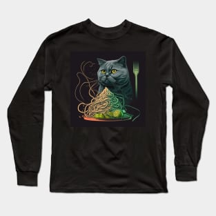 Spaghetti Noodles And British Shorthair Cat Long Sleeve T-Shirt